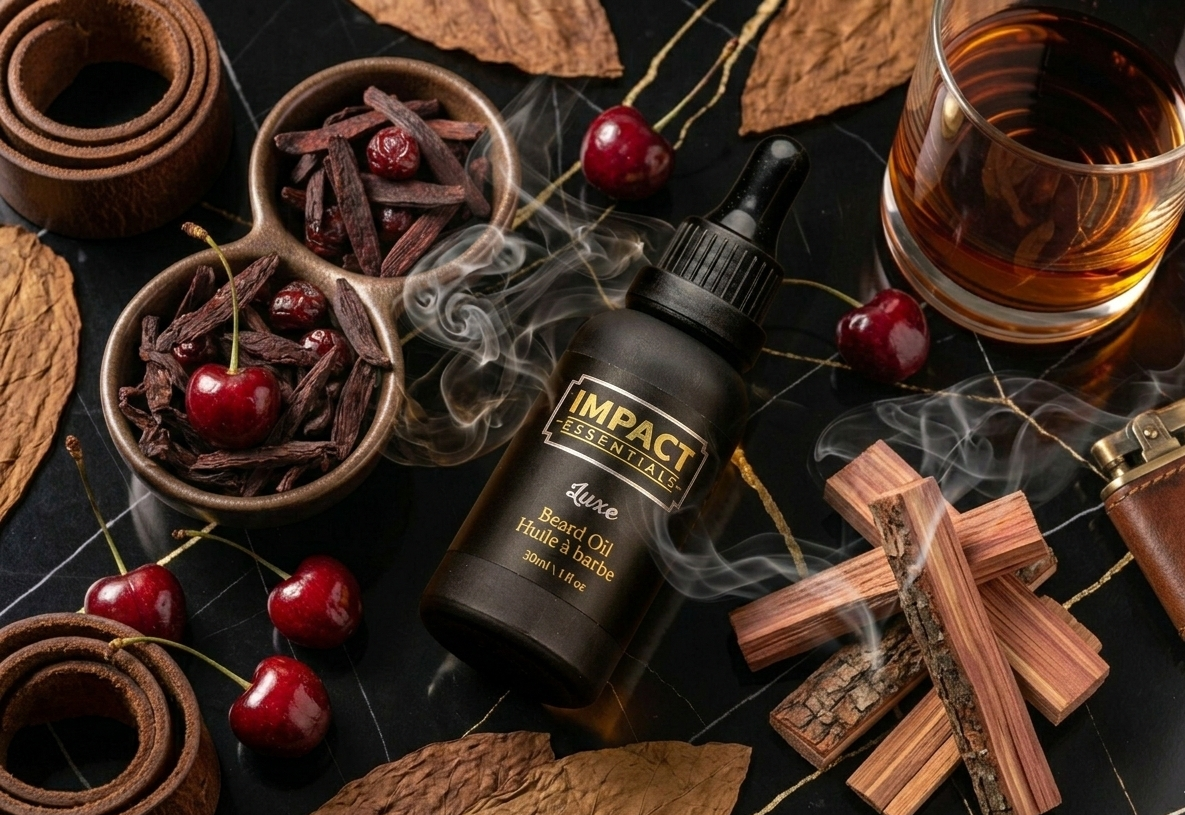 Impact Beard Oil bottle with smoking dropper surrounded by cherries, wood pieces, and a glass of liquid on a dark surface.