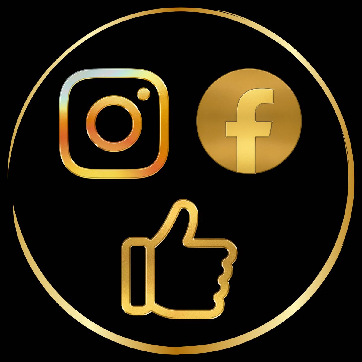 Gold social media icons including Instagram, Facebook, and a thumbs-up on a black background